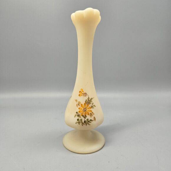 Fenton Cream Vase with Orange Floral Design - Picture 2 of 7